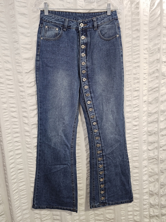 Source Unknown Denim - Dark Blue High Rise Boho Button-Front Flare Jeans With Button Details